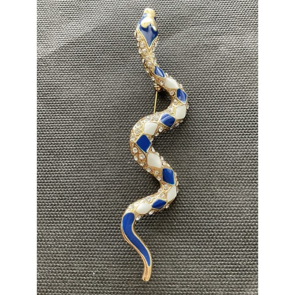 The Unbranded Brand Jewelry - Vintage Gold Tone Snake Brooch Pin Blue White Enamel Rhinestones